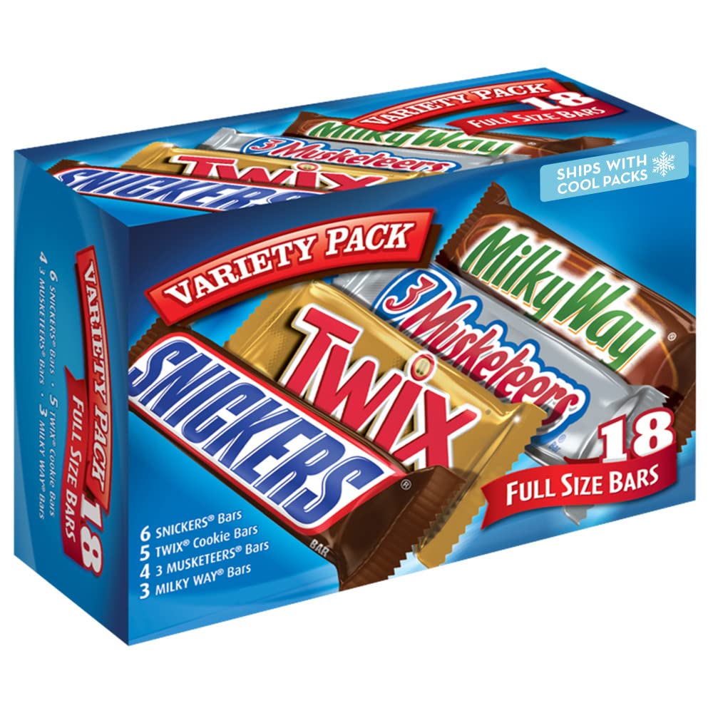 SNICKERS, TWIX, MILKY WAY & 3 MUSKETEERS Individually Wrapped Variety Pack Full Size Milk Chocolate Candy Bars Bulk Assortment, 33.31 oz, 18 Bars. View media content in full screen